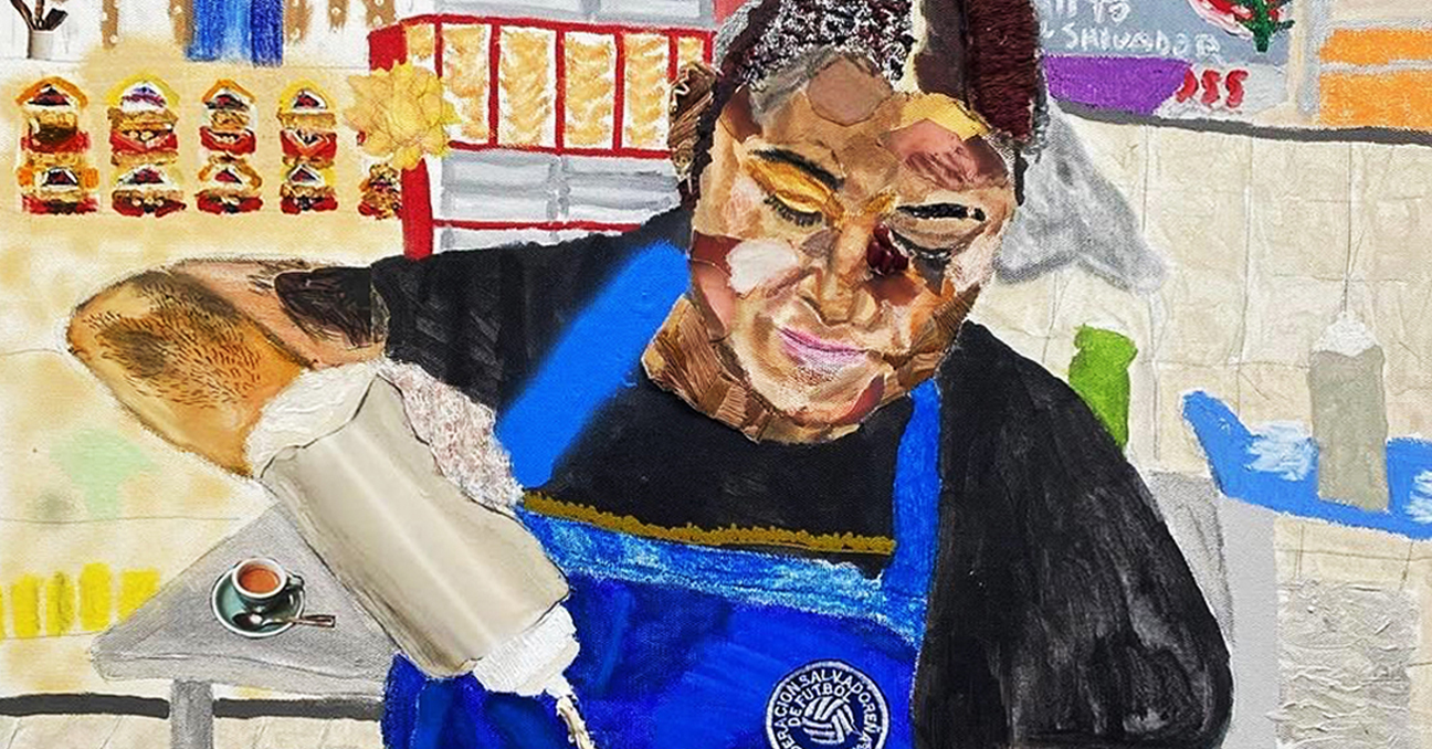 Un fragmento de una obra pictórica de John Rivas, en el que una mujer salvadoreña está sirviendo comida.